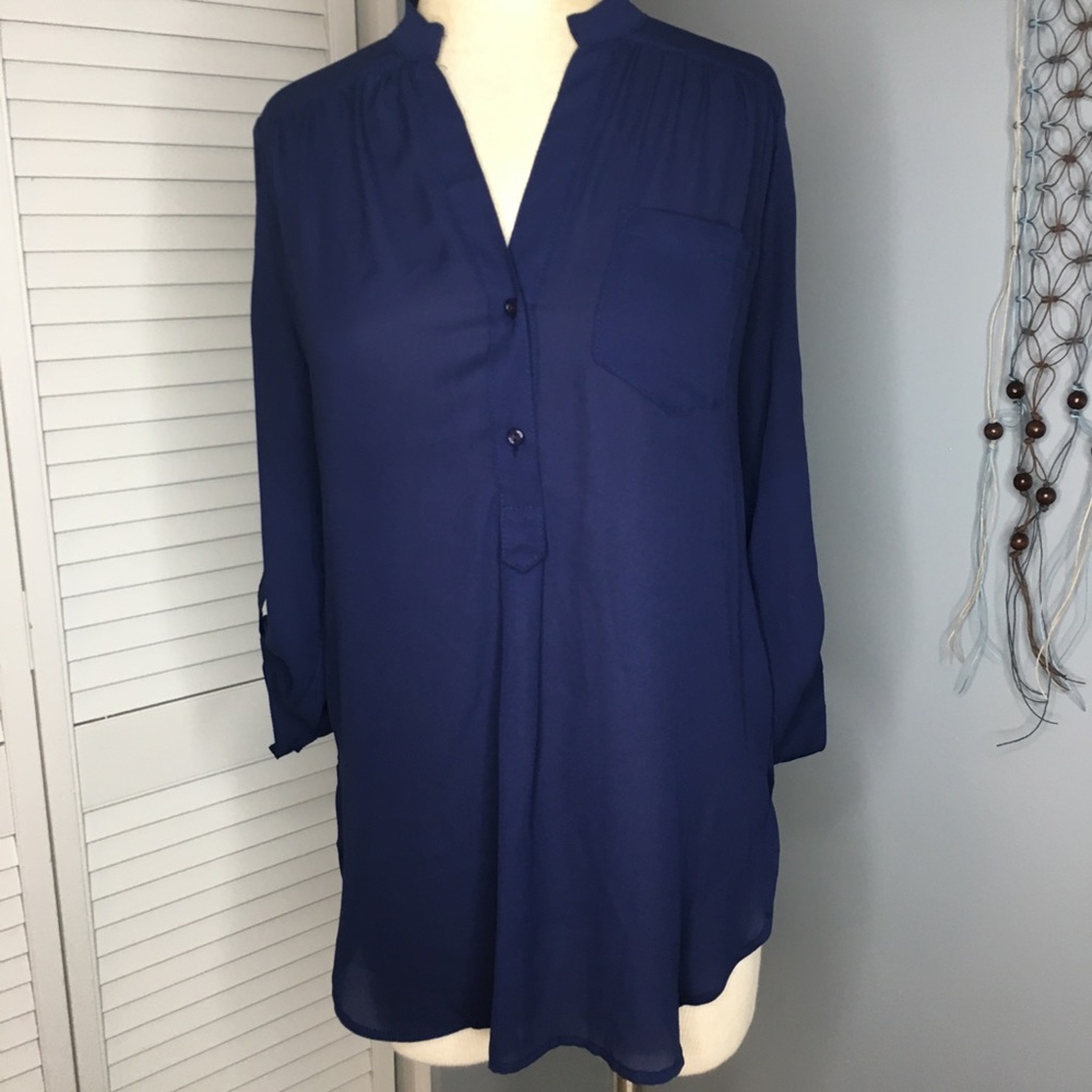 41 Hawthorne navy blue semi sheer blouse s…